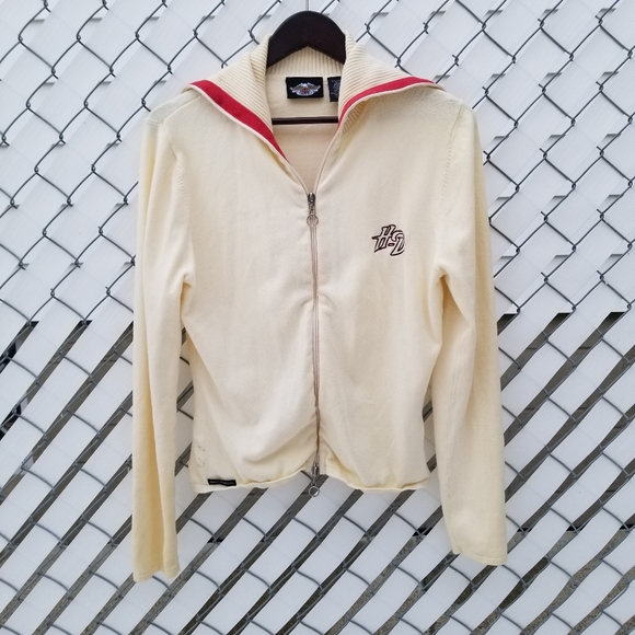 Harley-Davidson two way zipper cream knit zip up sweater M - Picture 2 of 10